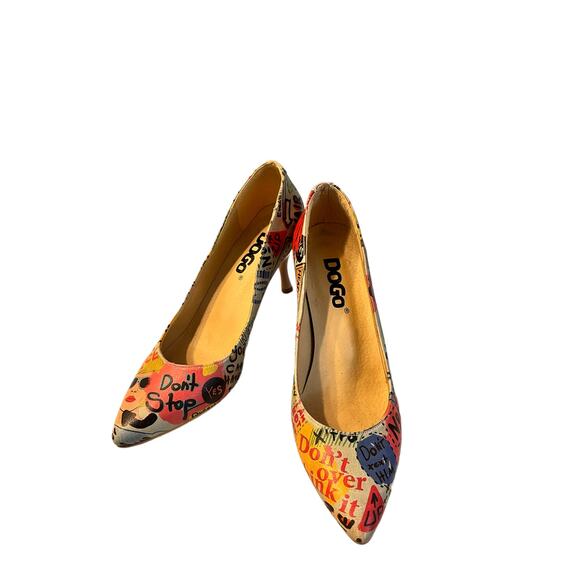 DOGO Vegan High Heel Shoes Cartoon And Slogans Print Women's Size 7 - Picture 10 of 14